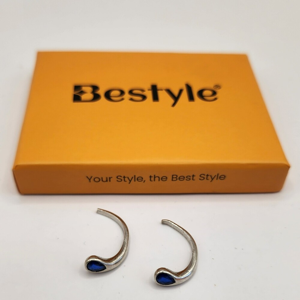 Bestyle 925 Sterling Silver Blue Sapphire CZ Teardrop Open Hoop Huggie Earrings